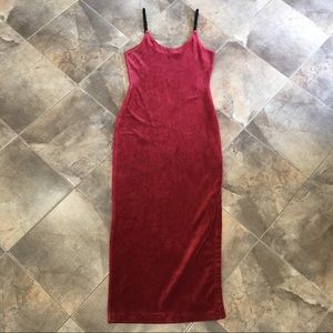 VTG Calvin Klein Red Velour Maxi Dress w Slit L